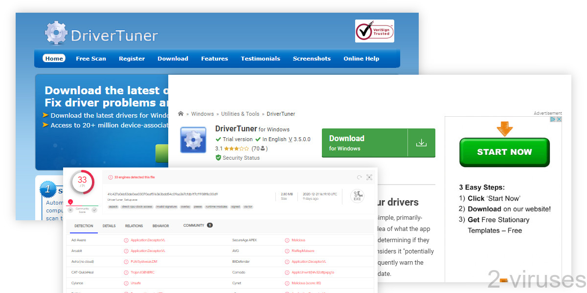 DriverTuner's installer is detected by 33 scanners on virustotal.