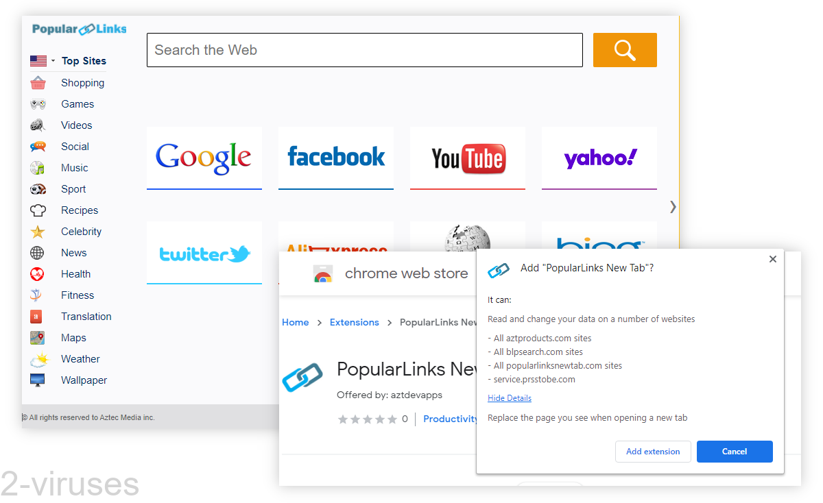 Popularlinksnewtab.com has a browser extension associated with it.