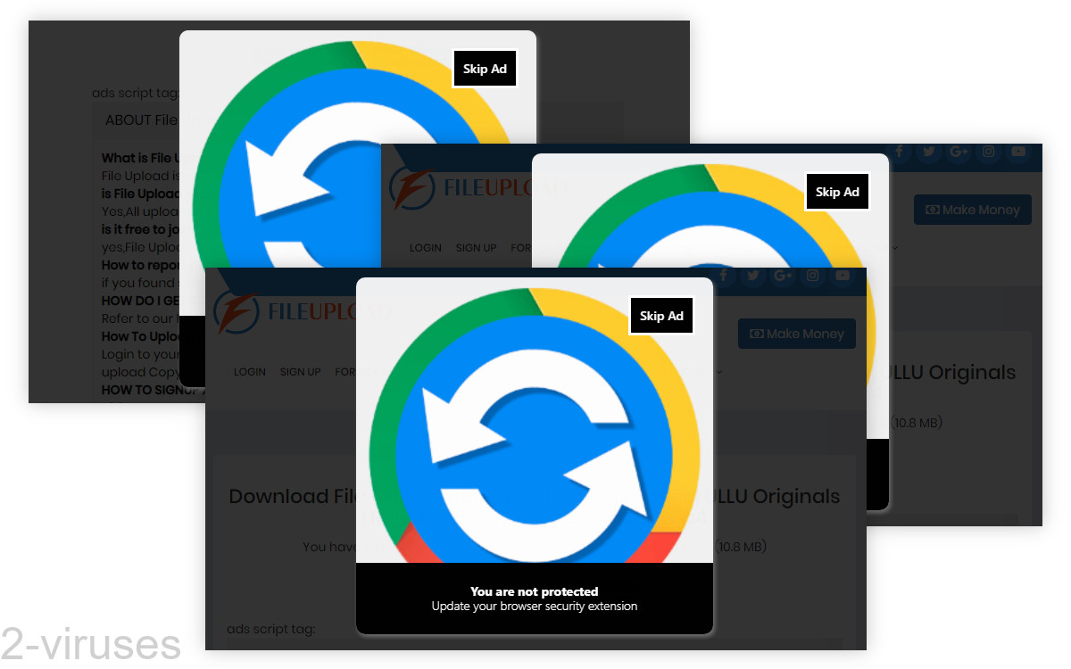Ads say "You are not protected" while showing a logo with arrows and the Google app color scheme.