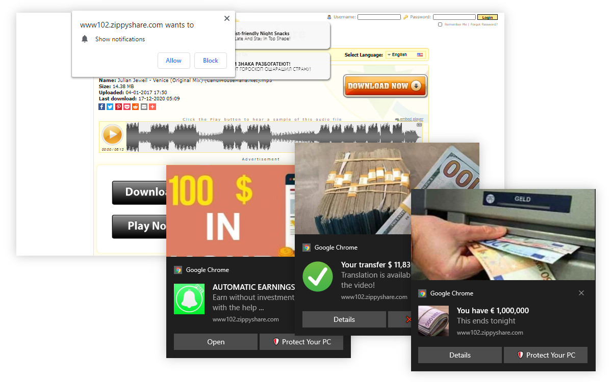 Zippyshare.com advertises get-rich-quick scams.