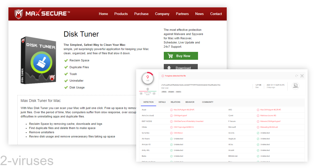 Max Disk Tuner gets detected by 9 scanners on VirusTotal.