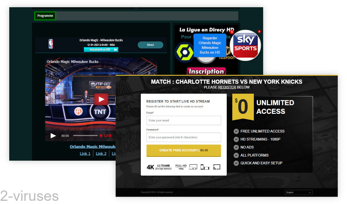 Streamonsport.info showing a pop-up for a fake streaming service.