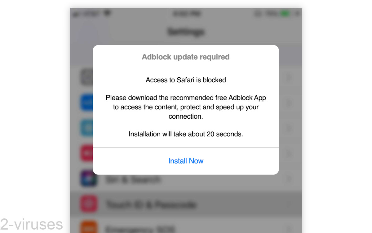 "Adblock update required", says a fake pop-up on a fake Settings page.