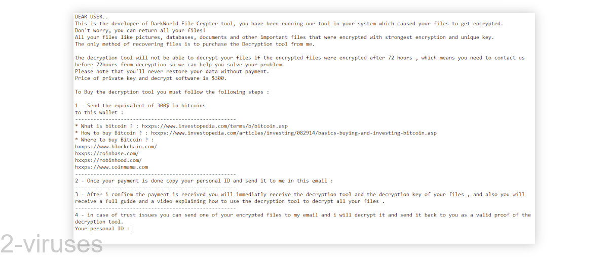 DarkWorld File Crypter's ransom note asks for $300.