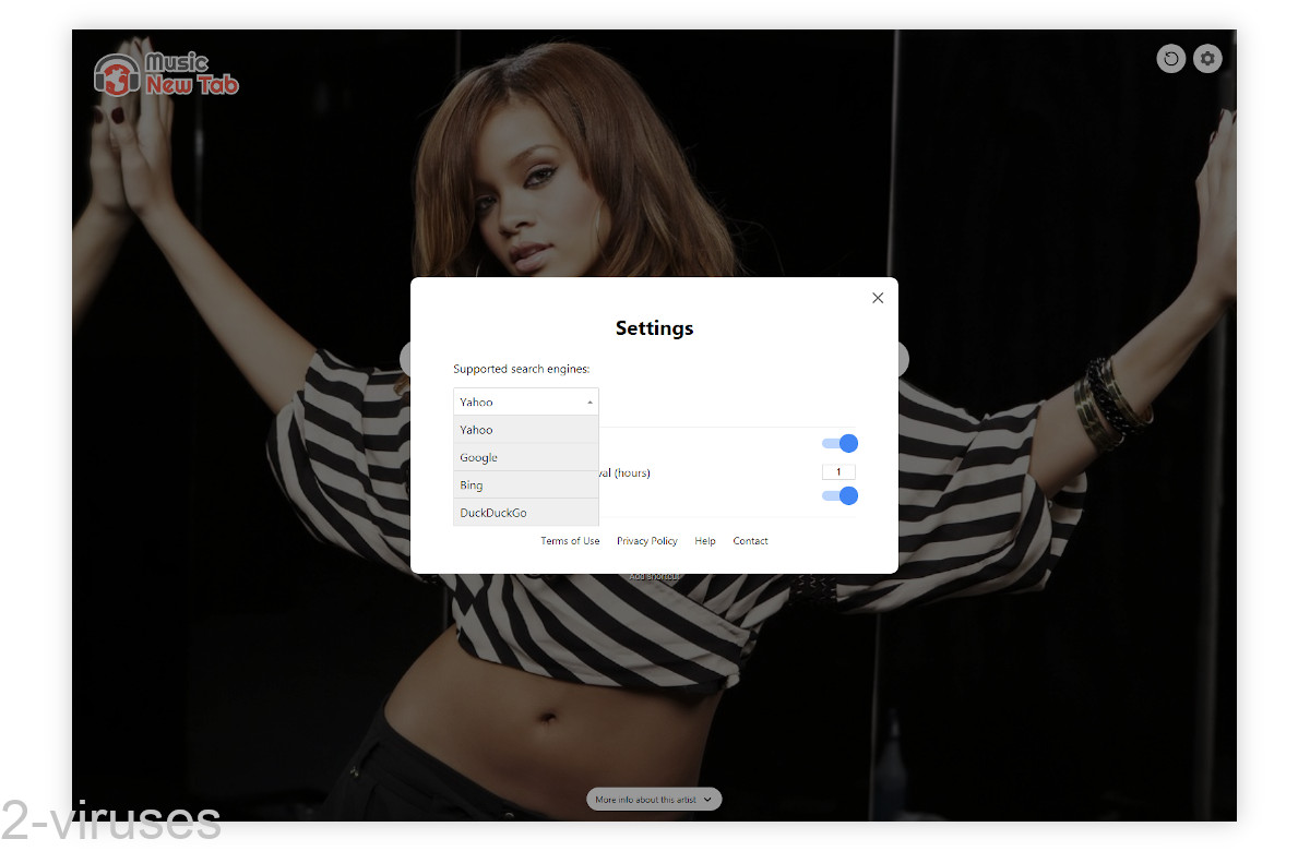 Musicnewtab.com's new tab is a picture of a celebrity and a search box.