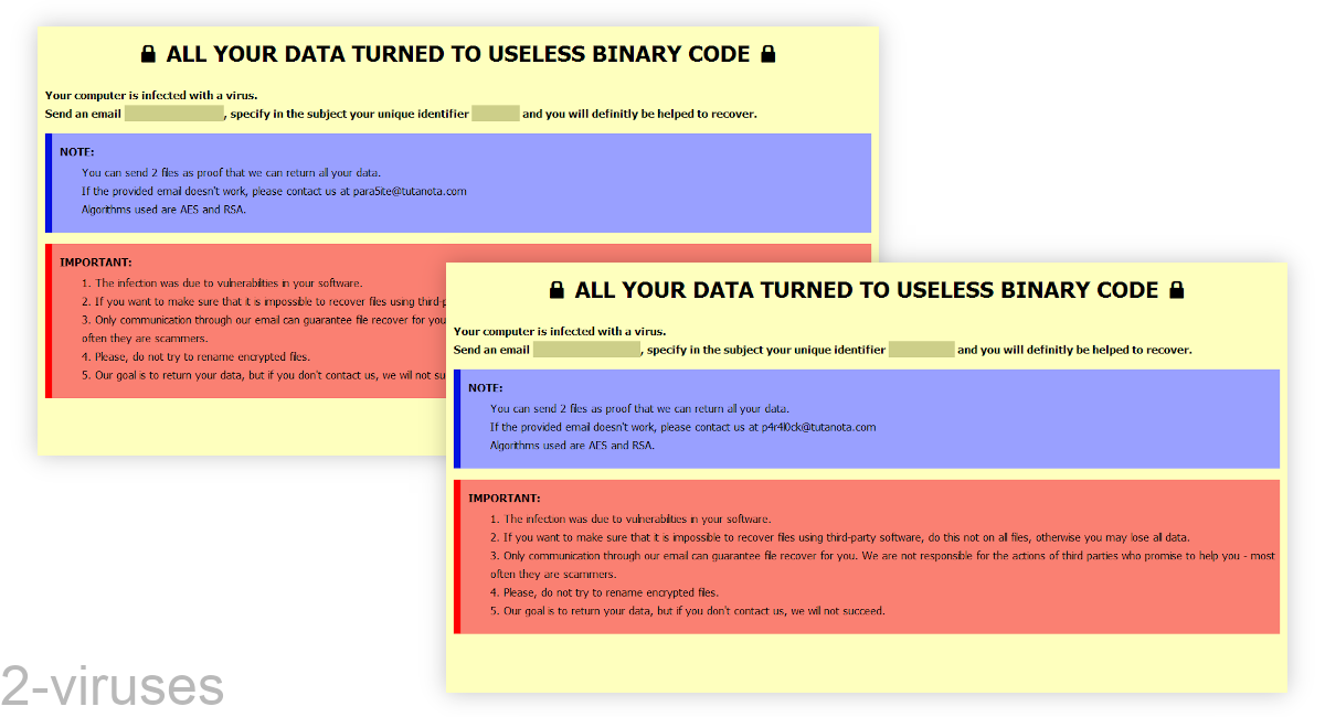 Parasite and Paracrypt's ransom notes vary, but one variant features the colors yellow, purple, and red.