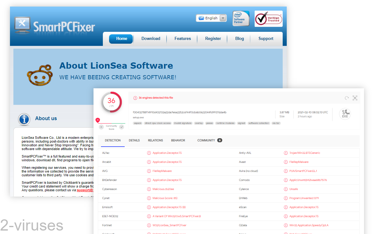 SmartPCFixer gets detected by 36 antivirus programs on VT.