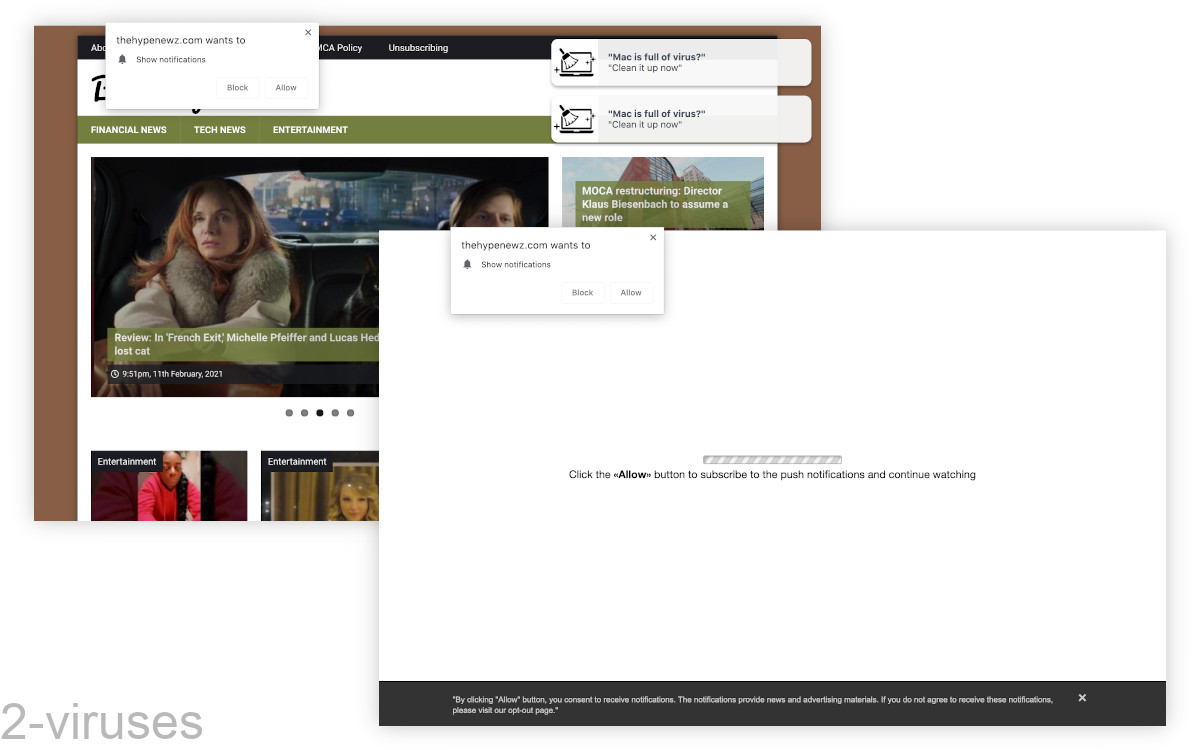 Thehypenewz.com looks like a news site, but advertises with an "Allow to continue" page.