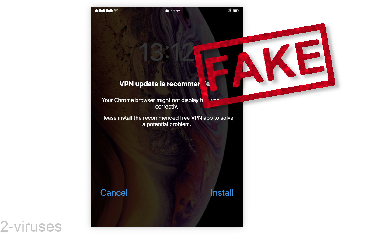 "VPN update is recommended" on a fake iPhone home screen.