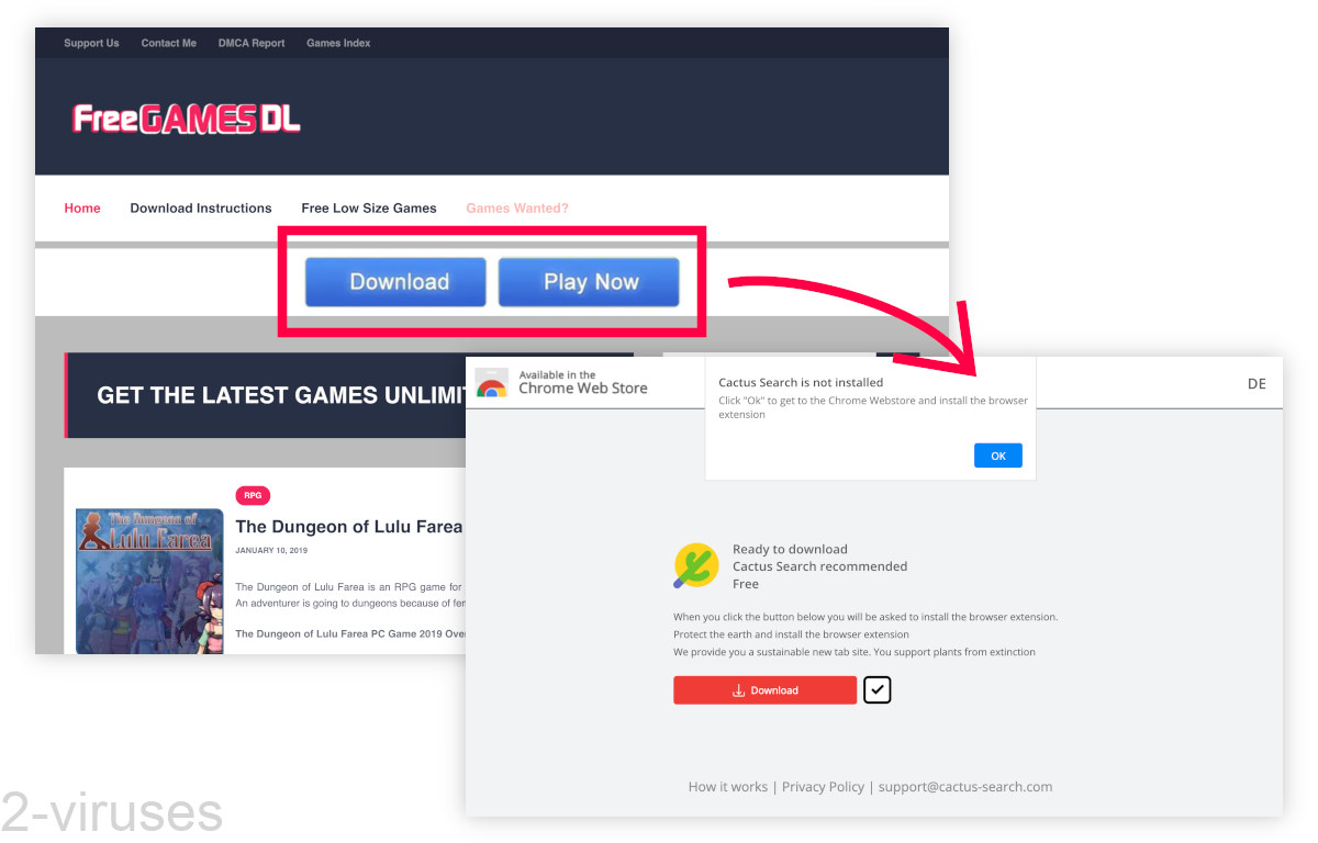 Fake "Download" and "Play Now" ads open Cactus Search.