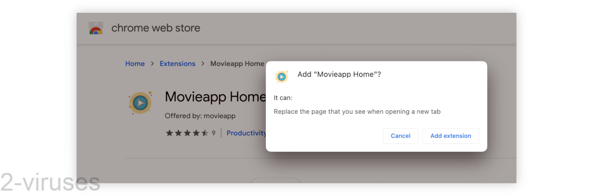 Movieapp Home asks to replace your new tab page.