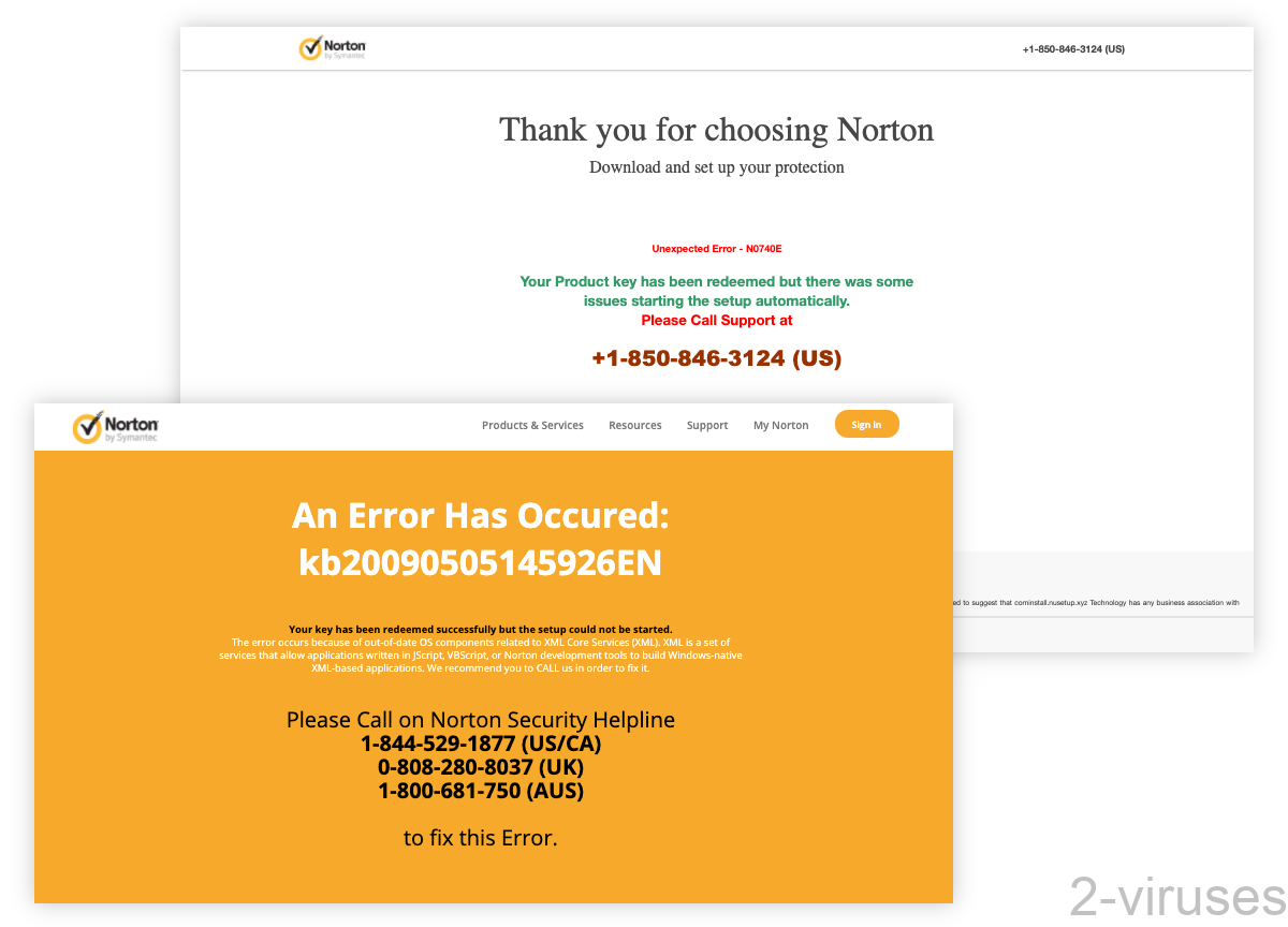 Various fake Norton pages showing errors.
