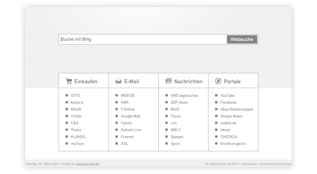 Startseite24.net is a plain webpage with a search box and a few links.