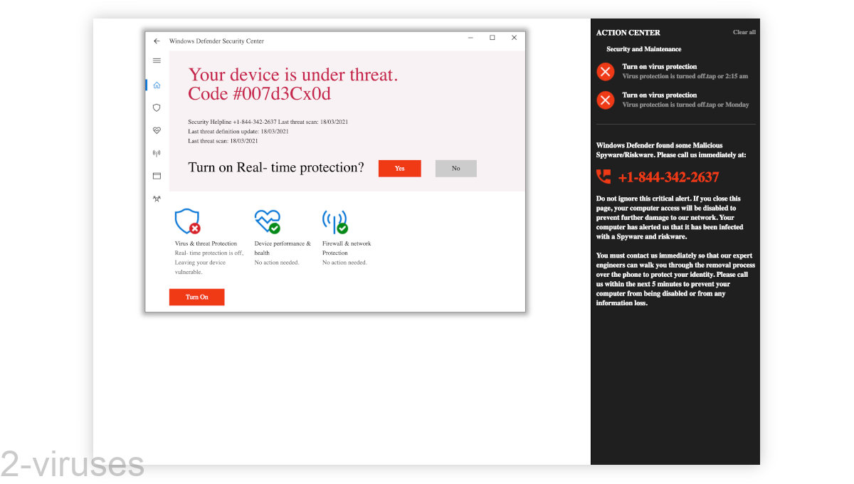 A fake Windows Defender pop-up and fake notification space.