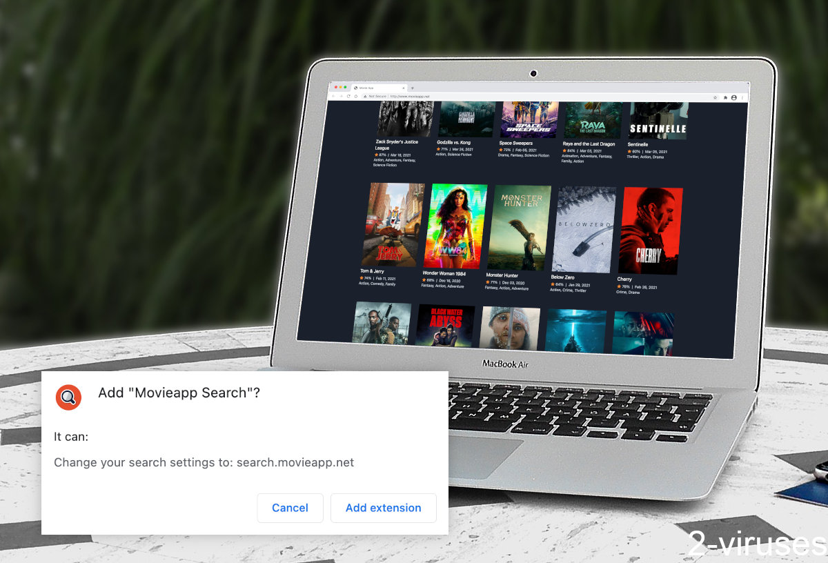 Movieapp Search replaces the default search engine in a browser.