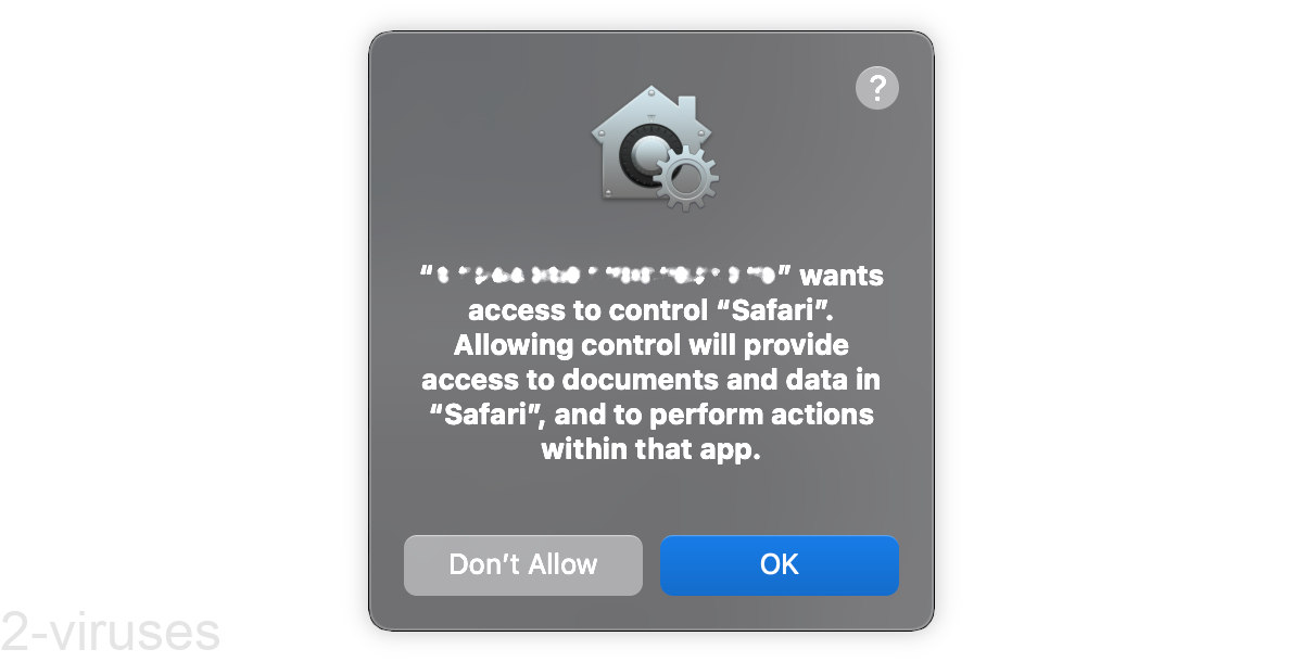 "App wants access to control Safari" written on a pop-up, buttons "Don't Allow" and "OK".