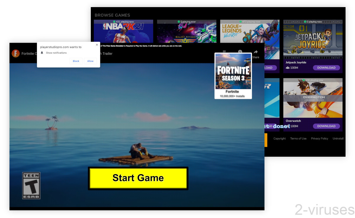 A page plays a video of Fortnite and features a button "Start Game".