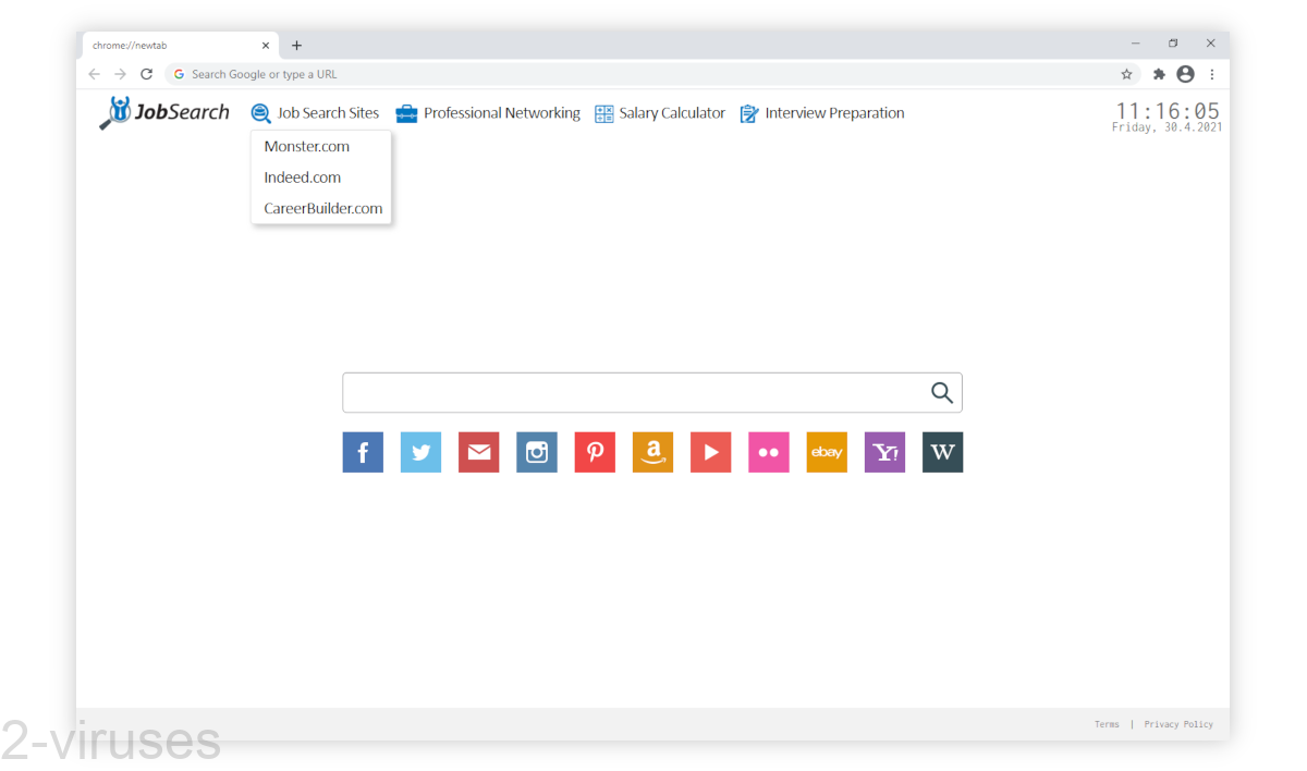 JobSearch's new tab page has a search box and a few links to popular websites.