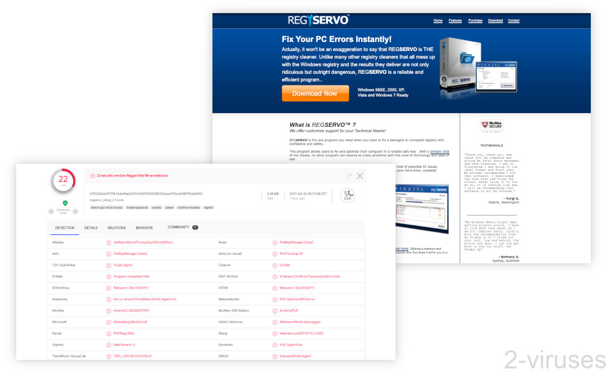 RegServo's installer gets detected by antivirus scanners.