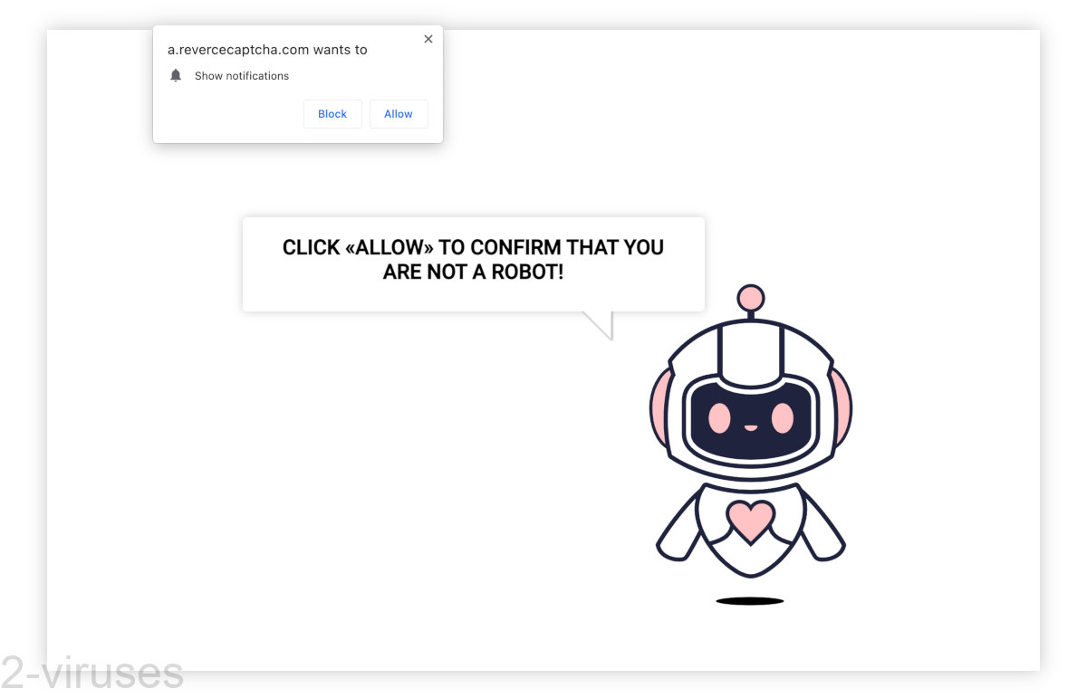 Revercecaptcha.com shows a robot illustration and asks you to click "Allow" to prove you're not a robot.