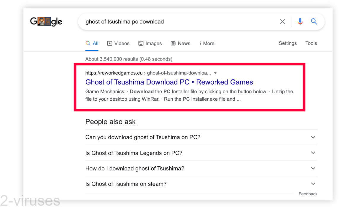 Reworkedgames.eu appearing as the first google search result for ghost of tsushima PC.