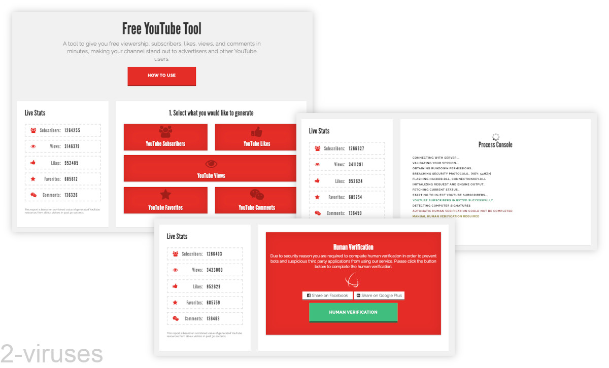The YouTube Subscribers Generator App website pretends to "inject subscribers".