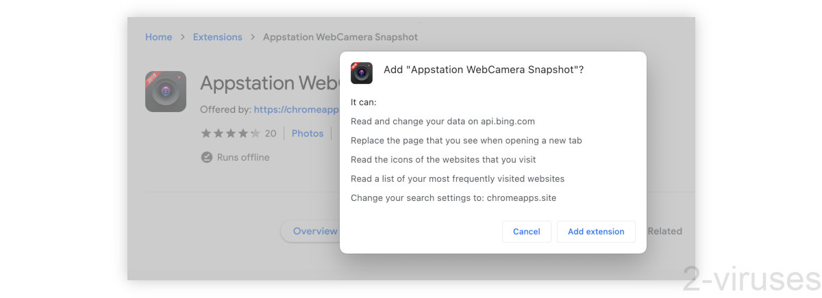 Appstation WebCamera Snapshot asks to replace the users' new tab page and search engine.