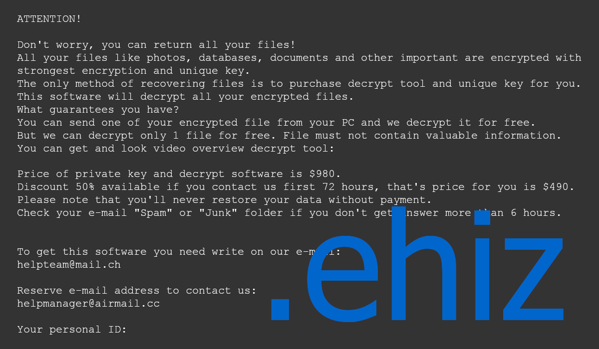 Ehiz ransom note asks for hundreds of dollars.