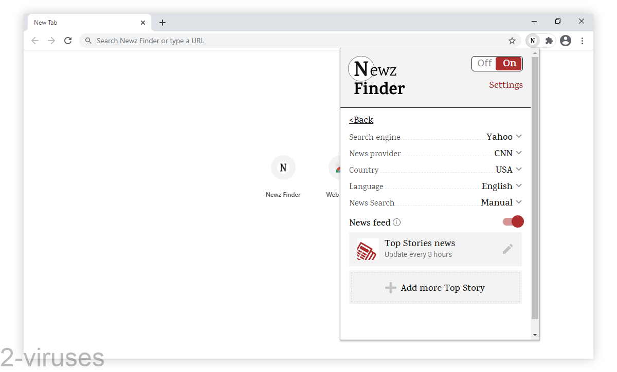 Newz Finder lets you change the default search engine, but only offers three sites to choose from.