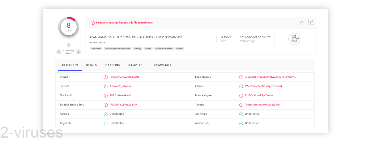 Photos Exif Editor's installer detected by 8 scanners.