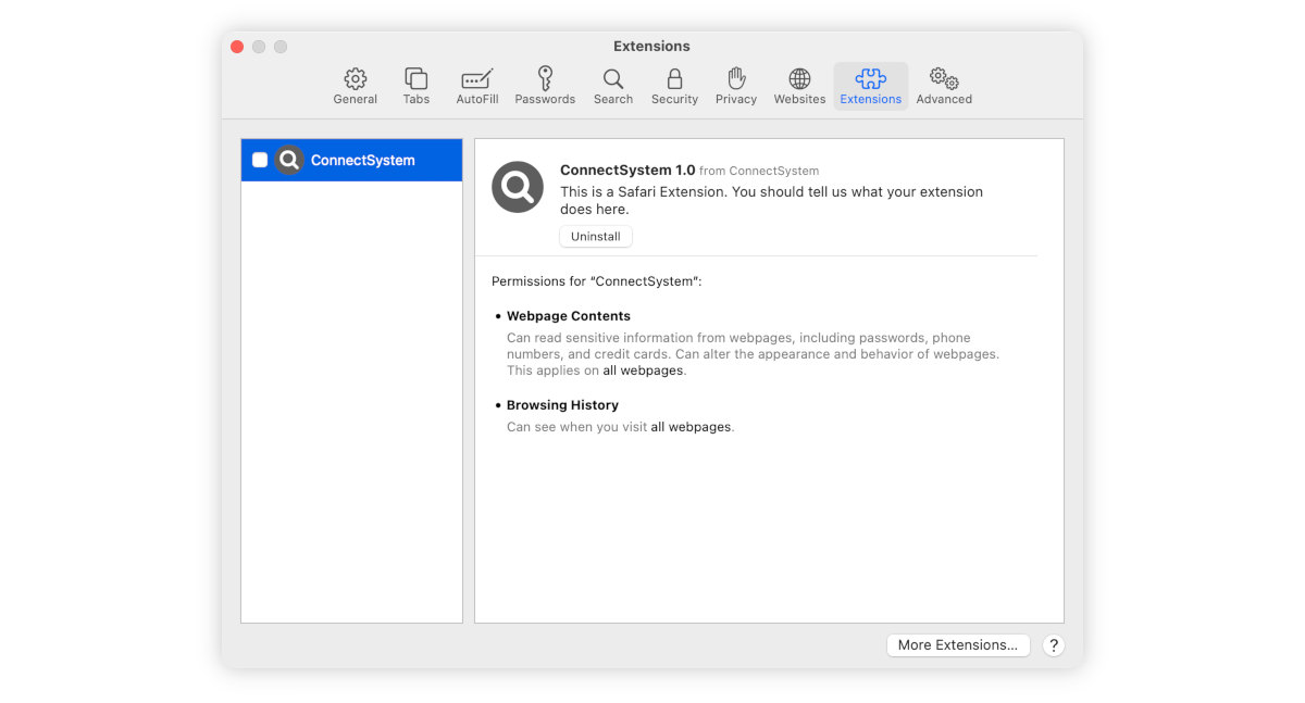 The ConnectSystem extension has permission to read all data on all sites.