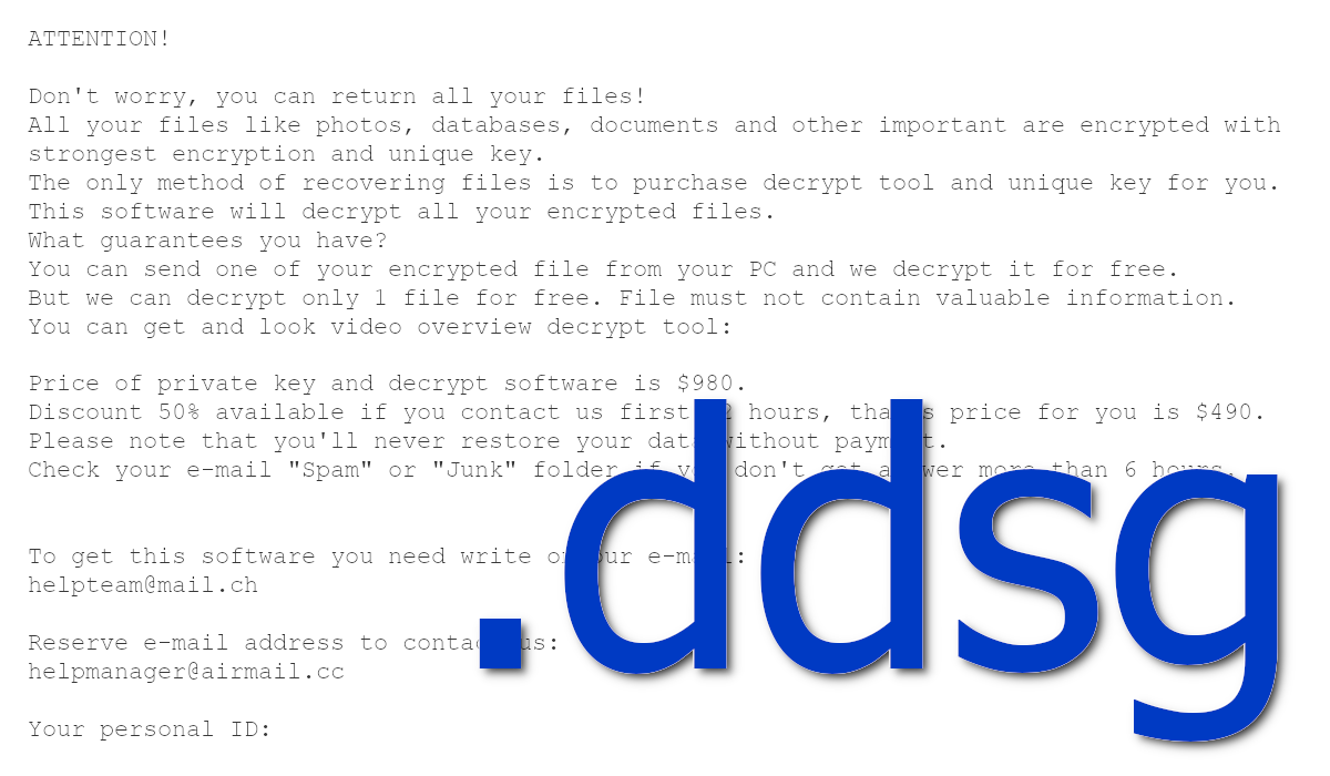 Ddsg ransom note asks for money in exchange for file decryption.