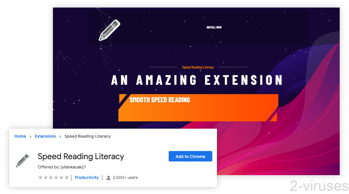 Speed Reading Literacy shows as having 2,000+ users on the Chrome Web Store.