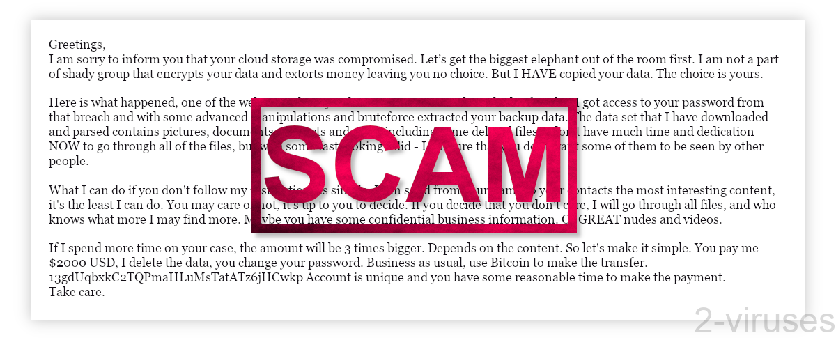 The text of the "your cloud storage was compromised" scam email.