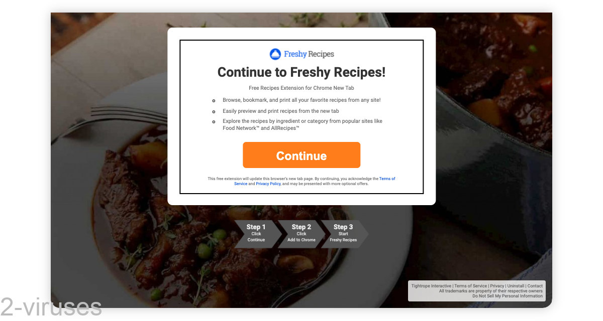 A page saying "Continue to Freshy Recipes".
