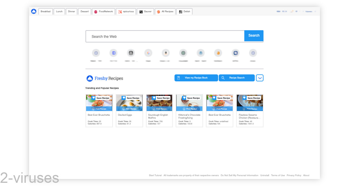 The new tab of the Freshy Recipes extension shows a search bar, frequently visited sites, and recipe links.