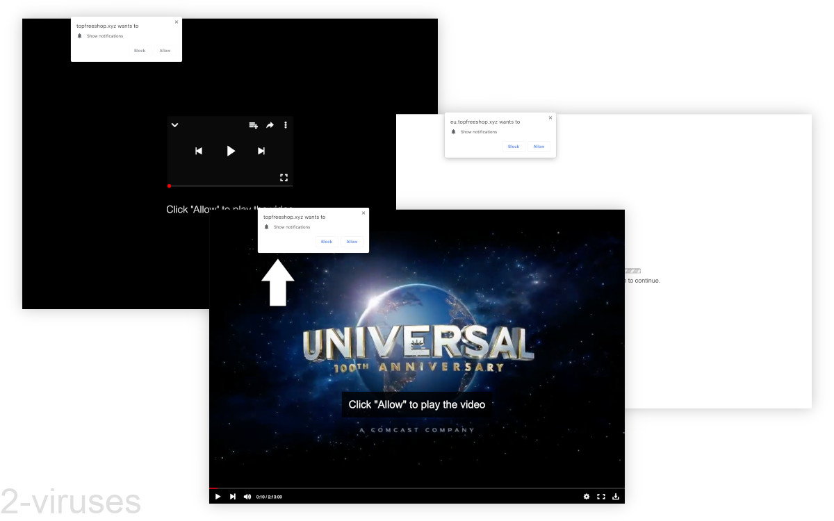 Topfreeshop.xyz shows fake video players and loading bars.