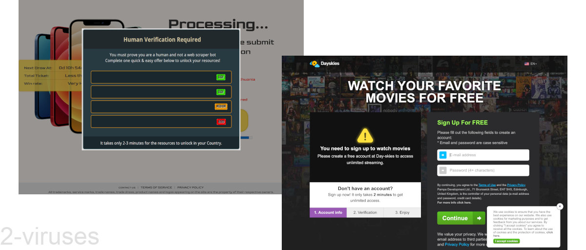Screenshots of a "human verification" page and a signup page.
