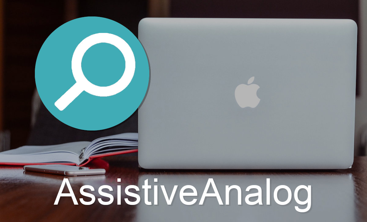 AssistiveAnalog logo is a blue and white magnifying glass.