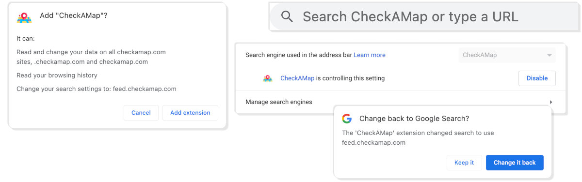 CheckAMap takes over your search engine settings.