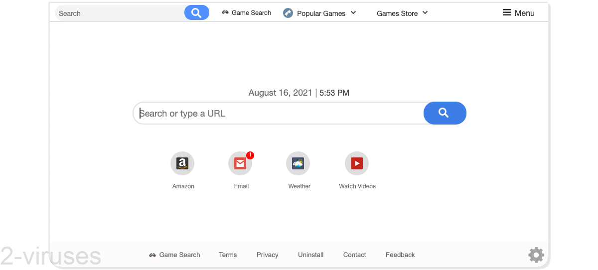 Gamesearchtab.com's new tab page has a search box and a few links.