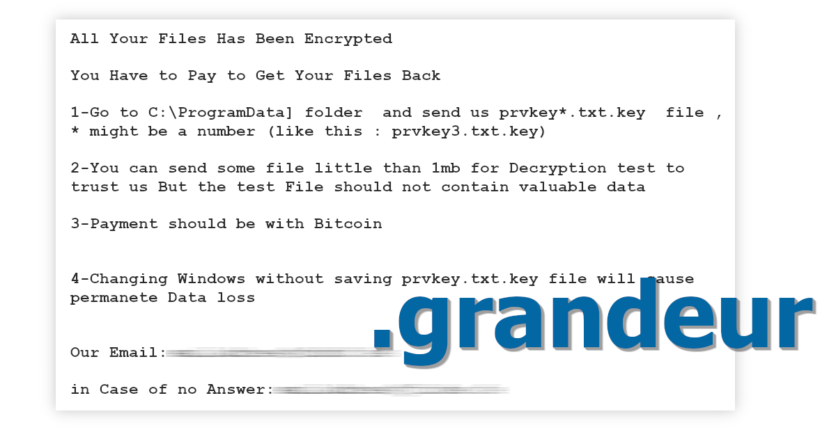 Grandeur ransom note asks for Bitcoin.