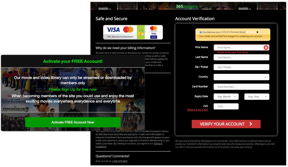 Neztflix.com redirects to a signup page that asks for your credit card.