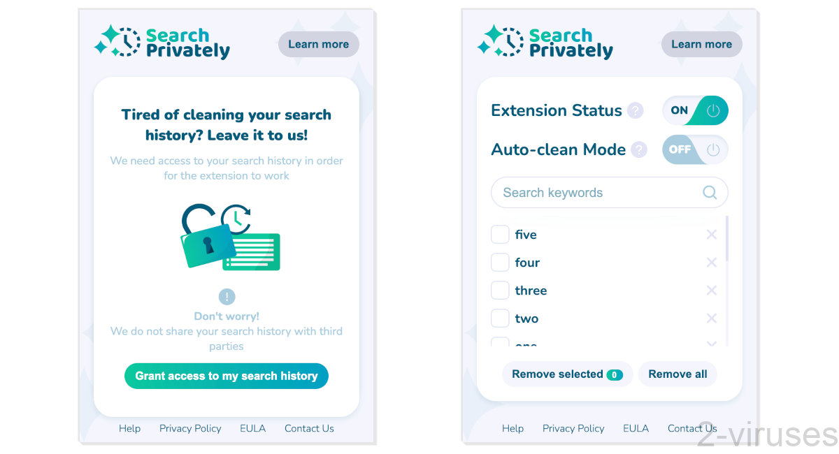 Search Privately's extension pop-up lets you see and delete your search history.