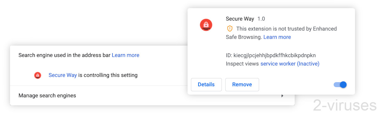Secureway.club appears in browser settings, where it has taken over the default search engine.