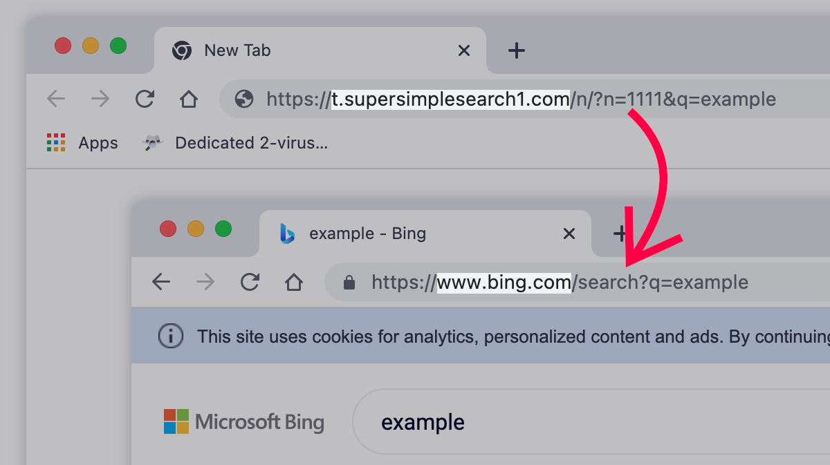 Here, Supersimplesearch1.com redirects to Bing.com.